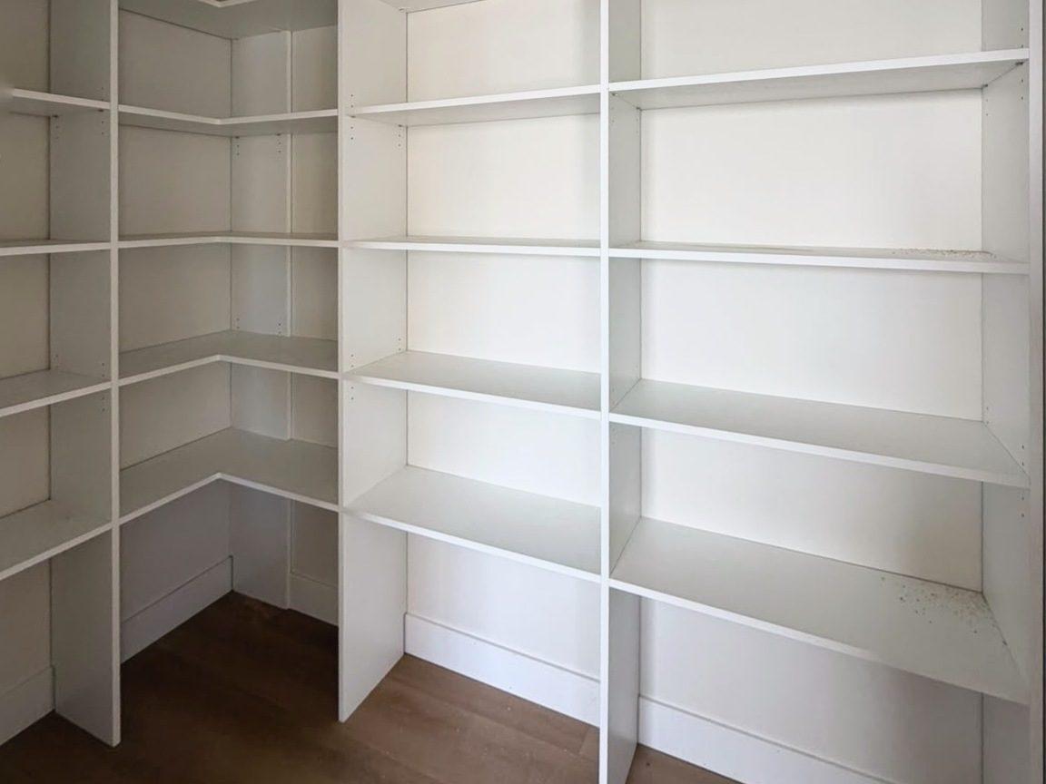 White open shelving wrapping around a storage closet.